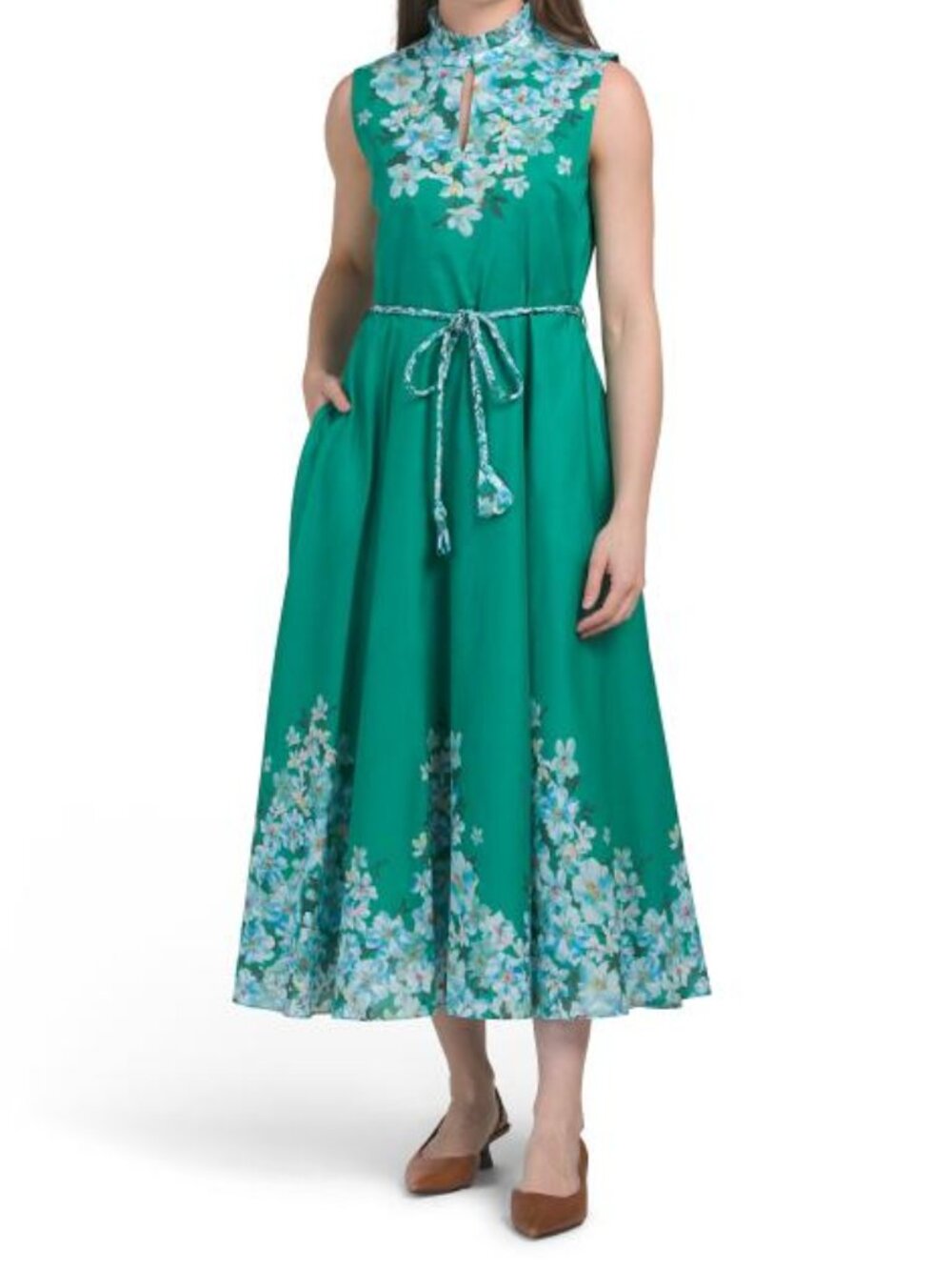 ELIE TAHARI Bloussant Sleeveles Ruffle Neck Maxi Dress With Belt